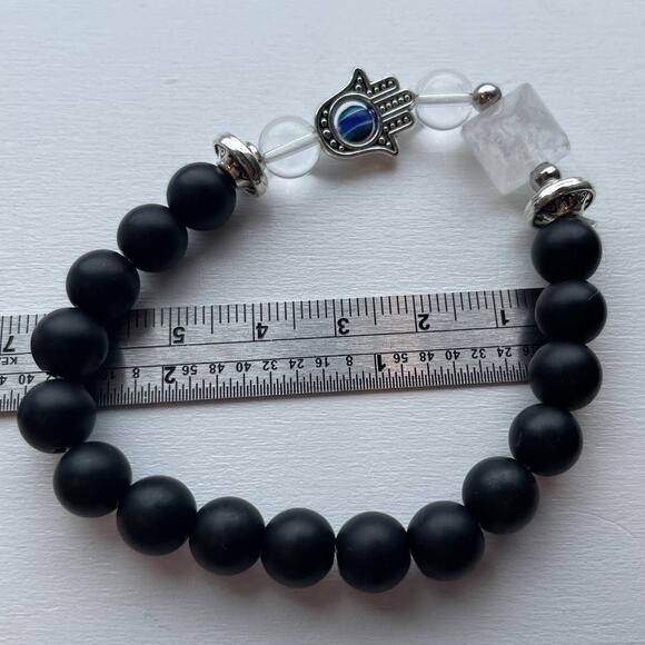 Black Obsidian and Clear Quartz Pyramid with Hamsa Crystal Bracelet - Picture 3 of 5